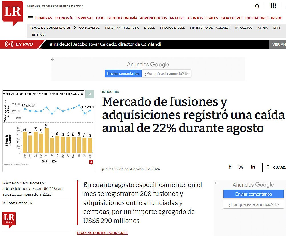 Mercado de fusiones y adquisiciones registr una cada anual de 22% durante agosto